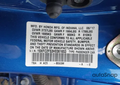 2017 Honda Civic Lx z USA, uszkodzony, nr VIN 19XFC2F53HE061653